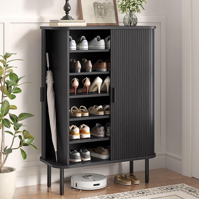 Shoe Storage Cabinet with Adjustable Shelves, 6-Tier Mid-Century Modern Shoe