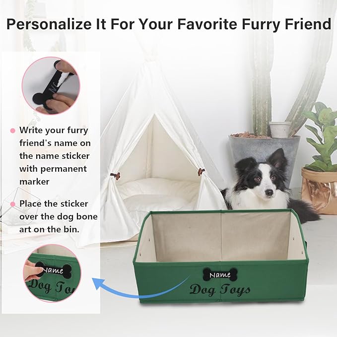 Large Dog Toy Basket Collapsible Pet Toy Box Fabric Trapezoid Dog Toy Bin Storage for organizing pet Toys/Blankets/leashes/Rope Toys/Clothing-Can be Personalized-Green