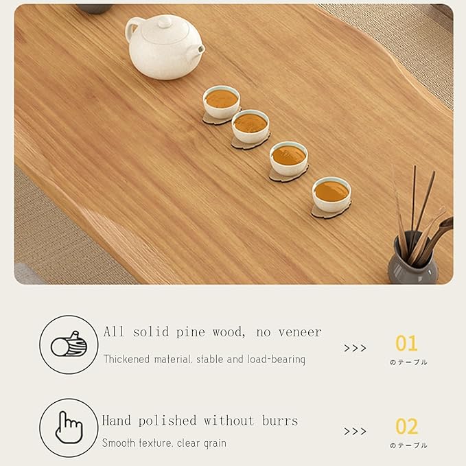 Solid Wood Japanese Tea Table, Simple and Modern Low Design, Tatami Tea Style, Zen-Inspired Kotatsu, Bay Window Seating, Floor Style (Natural Wood, 140 * 60 * 35cm)