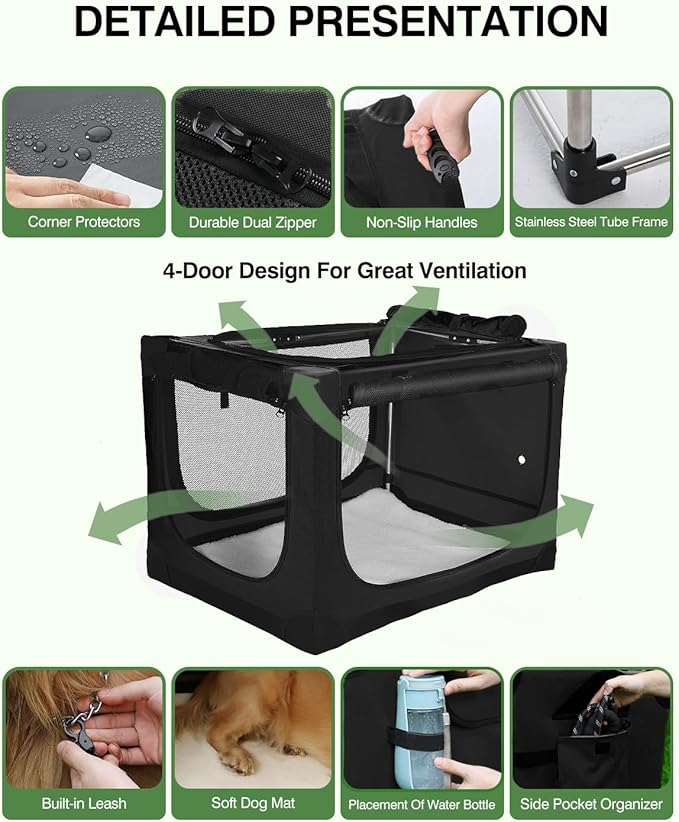 Veraste 33" Soft Collapsible Travel Dog Crate for Medium Large Dogs,Black | 4-Door Foldable Travel Crate,breathable mesh, foldable with storage bag