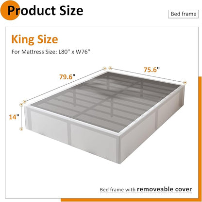 14 Inch King Size Bed Frame with White Fabric Cover, Heavy Duty King Platform Bed Frame Support Up to 3000 lbs, No Box Spring Needed, Easy Assembly, Noise Free, Black