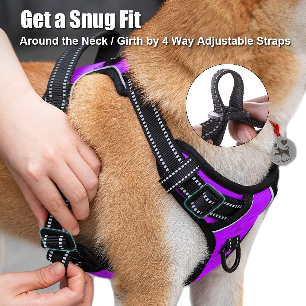 PoyPet No Pull Dog Harness, Reflective Comfortable Vest Harness with Front & Back 2 Leash Attachments and Easy Control Handle Adjustable Soft Padded Pet Vest for Small to Large Dogs (Purple,L)