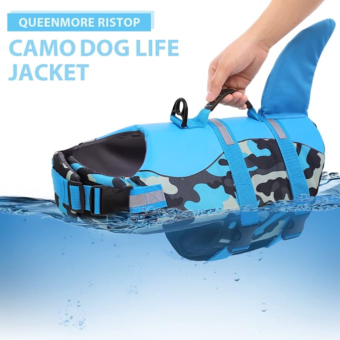 Dog Life Jacket Ripstop Dog Shark Safety Vest Adjustable Preserver with High Buoyancy and Durable Rescue Handle for Small,Medium,Large Dogs, Blue Camouflage Small
