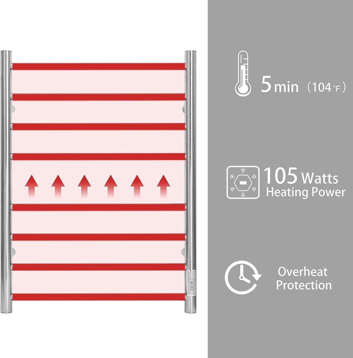 KEG Towel Warmer Wall Mounted with Built-in Timer 8 Bars Electric Stainless Steel Heated Towel Racks for Bathroom, Hot TW-8-PC Towel Warmer 8 bars polish chrome