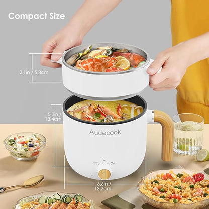 Audecook Hot Pot Electric with Steamer, 1.5L Portable Nonstick Rapid Noodles