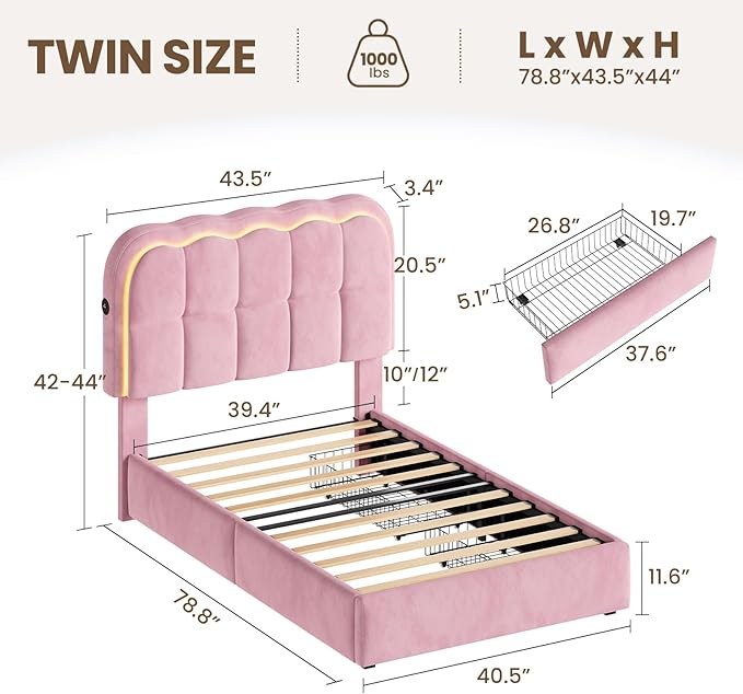 Twin Bed Frame with Storage Drawers and Headborad, Upholstered LED Twin Size Platform Bed Frame for Kids – Sturdy Metal Bed Frame Twin with Wood Slats Support, No Box Spring Needed, Pink