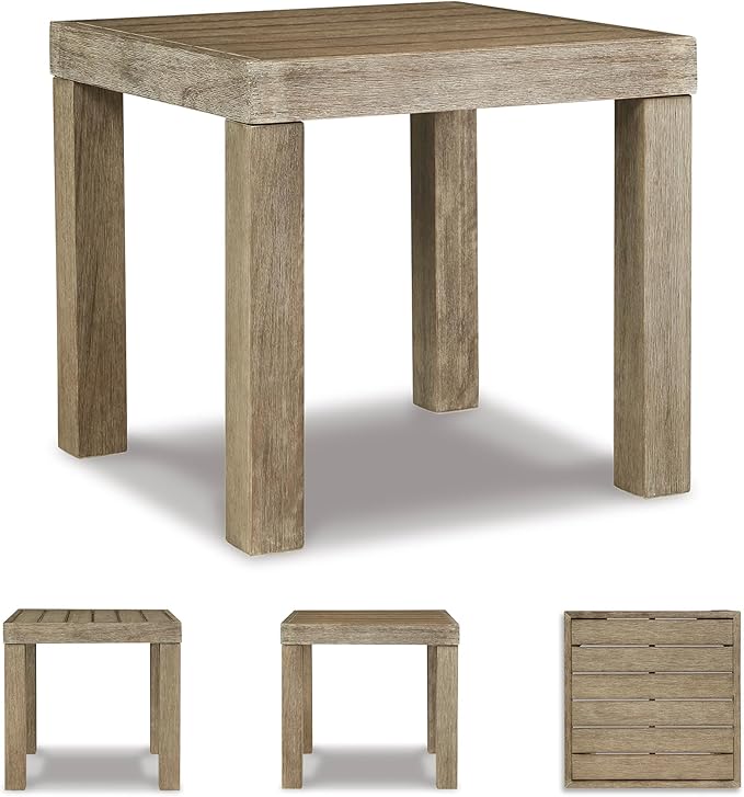 Signature Design by Ashley Silo Point Casual Outdoor Square Patio End Table with Slatted Styling, Multi-Step Finish, Eucalyptus Wood, 20.5" High, Brown
