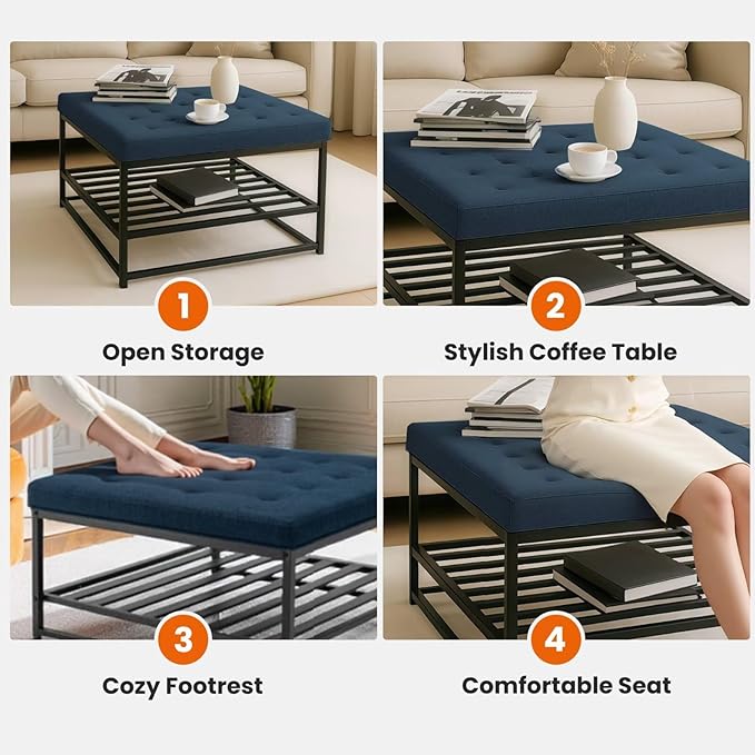 Ottoman Coffee Table with Upholstered Tufted Linen Fabric, Square Center Table with Storage Large Footrest Ottoman for Living Room Navy Blue