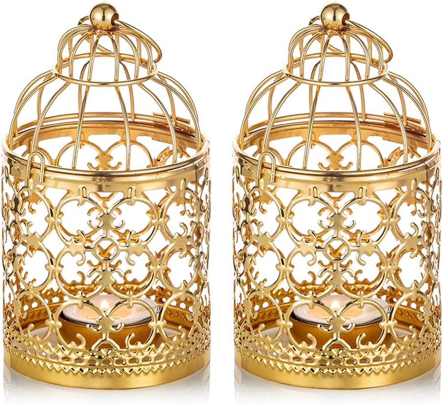 2 Pcs Small Metal Tealight Hanging Birdcage Lantern, Vintage Decorative Centerpieces of Wedding, Party, Gold