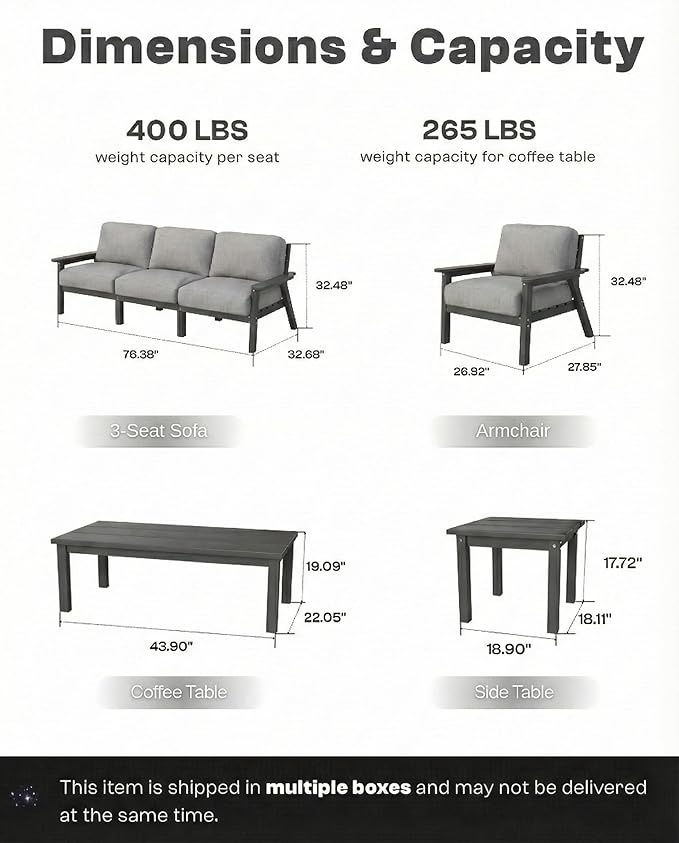 Patio Kingdom Patio Furniture Set with Washable Thick Gray Cushions, HDPE Outdoor Couch, All-Weather Outdoor Sectional Furniture, Patio Conversation Sets for Lawn, Garden, Porch (Grey Frame)