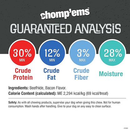 CHOMP 'EMS Purehide Chews - Slow Roasted Naturally Delicious Rawhide Dog Treats - High Protein Beef Hide - Bacon Flavor, Sticks, 8.5 Oz.