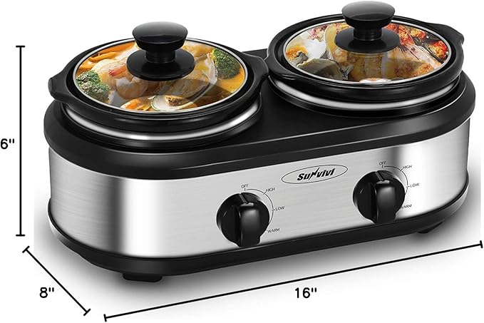 Sunvivi Dual Pot Slow Cooker, 2 Pot Small Mini Crock Buffet Server and Warmer