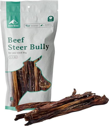 BARK'N BIG Steer Sticks for Dogs - Chew Stick for Dogs, Odor Free Pizzle Sticks, Bully Chews Made in USA & Sourced in The USA - 11-12 Inch - 10 Ct