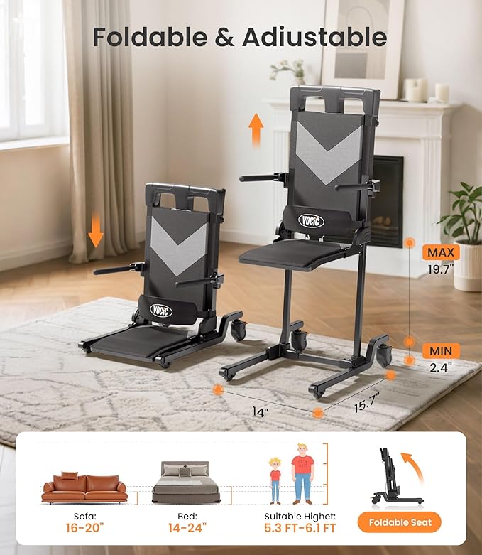 VOCIC Movable Electric Chair Lift with 4 Wheels, Portable Rolling Chair Lift with T-Stabilized Base, Short-Distance Transport, Help Stand from Floor for Seniors, Supports 350 LBS, AX35