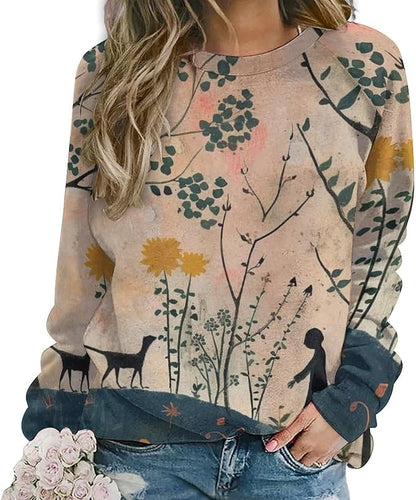 Long Sleeve Shirts for Women Cat Oil Painting Shirt 3D Graphic Sweatshirts Fall Pullover Crewneck Vintage Boho Tops