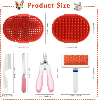 Cat Grooming Kit Set with Pet Shedding Slicker Brush Nail Clipper Trimmer Pet Massage Bath Glove Flea Comb for Bunny Puppy Kitten Guinea Pig Chinchilla Ferret Small Animals (Red, Pink)