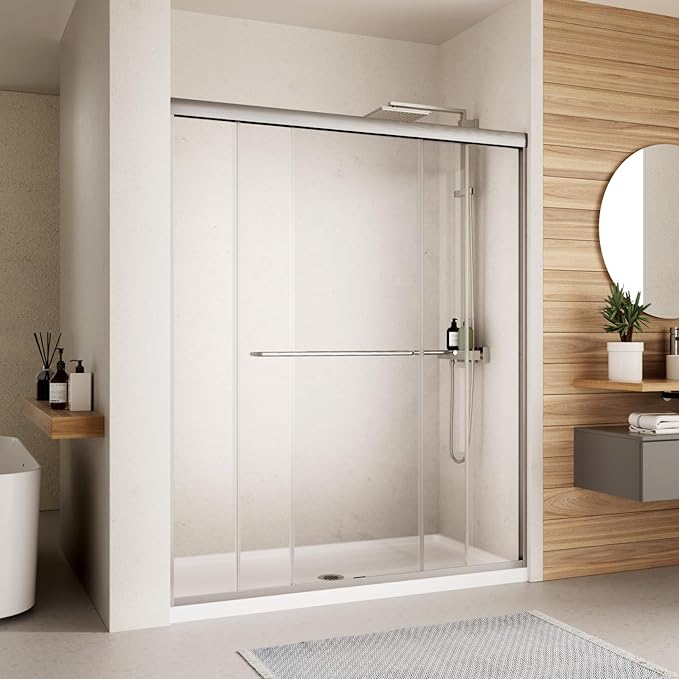 Shower Door, 44-48" W x 70" H Semi-Frameless Double Sliding Glass Shower Door