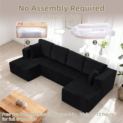 134 Inch Cloud Sectional Couch for Living Room,Corduroy Boneless Couches with L-Shape Chaise,Modern Modular Sectional Sofa with Deep Seat,No Assembly Required (Black, U-Shaped Sofa)