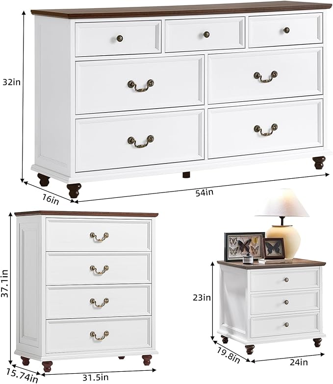 24" Wide Farmhouse Nightstand Set of 2, 54" 7 Drawers Dresser, 37" Tall Rustic Chests of Drawers w/ 4 Solid Wood Feet, Farmhouse Furniture Series for Living Room,Bedroom,White