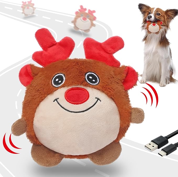 Senneny Christmas Dog Toys, Interactive Dog Toys Reindeer, Random Path Electric Automatic Moving and Rolling Dogs Toy, Motion-Activated Dog Ball with Plush Cover USB Rechargeable