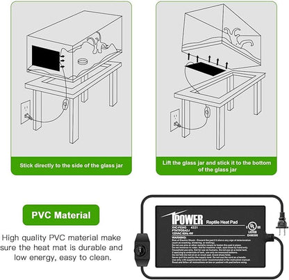 iPower 4x7 Inch Reptile Heating Pad with Adjustable Controller Knob, Under Tank Heater Mat for Turtles, Lizards, Snakes, Amphibians & Small Pets, 2 Pack