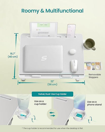 SONGMICS Bed Laptop Desk, Foldable Bed Desk for Laptop, 15.7 x 22 Inches Large Desktop, 120° Stepless Tilt, Adjustable Height, Cup Holder, Tray, Portable Bed Sofa Table, Gray ULLD113GZ01