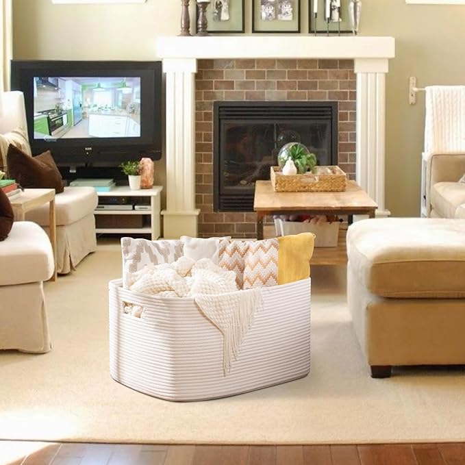 OIAHOMY 75L Large Blanket Basket, Woven Cotton Rope Baskets for Organizing, 22”x17”x12”, Blanket Basket living Room, Bedroom, Nursery, Dog Toy Storage Bins, White