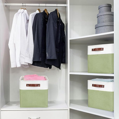 Collapsible Fabric Storage Cubes 11x11 Cube Storage Bins, 4 Pack Closet Baskets Box with Handles for Organizing, Shelf, Toys, Clothes, Home, Office, Nursery (Green&White)