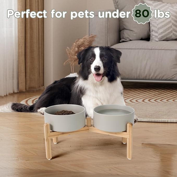 SPUNKYJUNKY Elevated Dog Bowls Ceramic, 7.3'' Dogs Food Water Bowls Raised with Non-Slip Bamboo Stand for Medium to Large Sized Breed Microwave Dishwasher Safe - 42 OZ,Grey