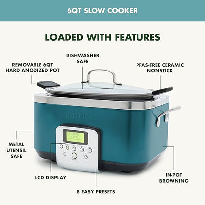 GreenPan Elite 8-in-1 Programmable 6QT Electric Slow Cooker, Dishwasher Safe