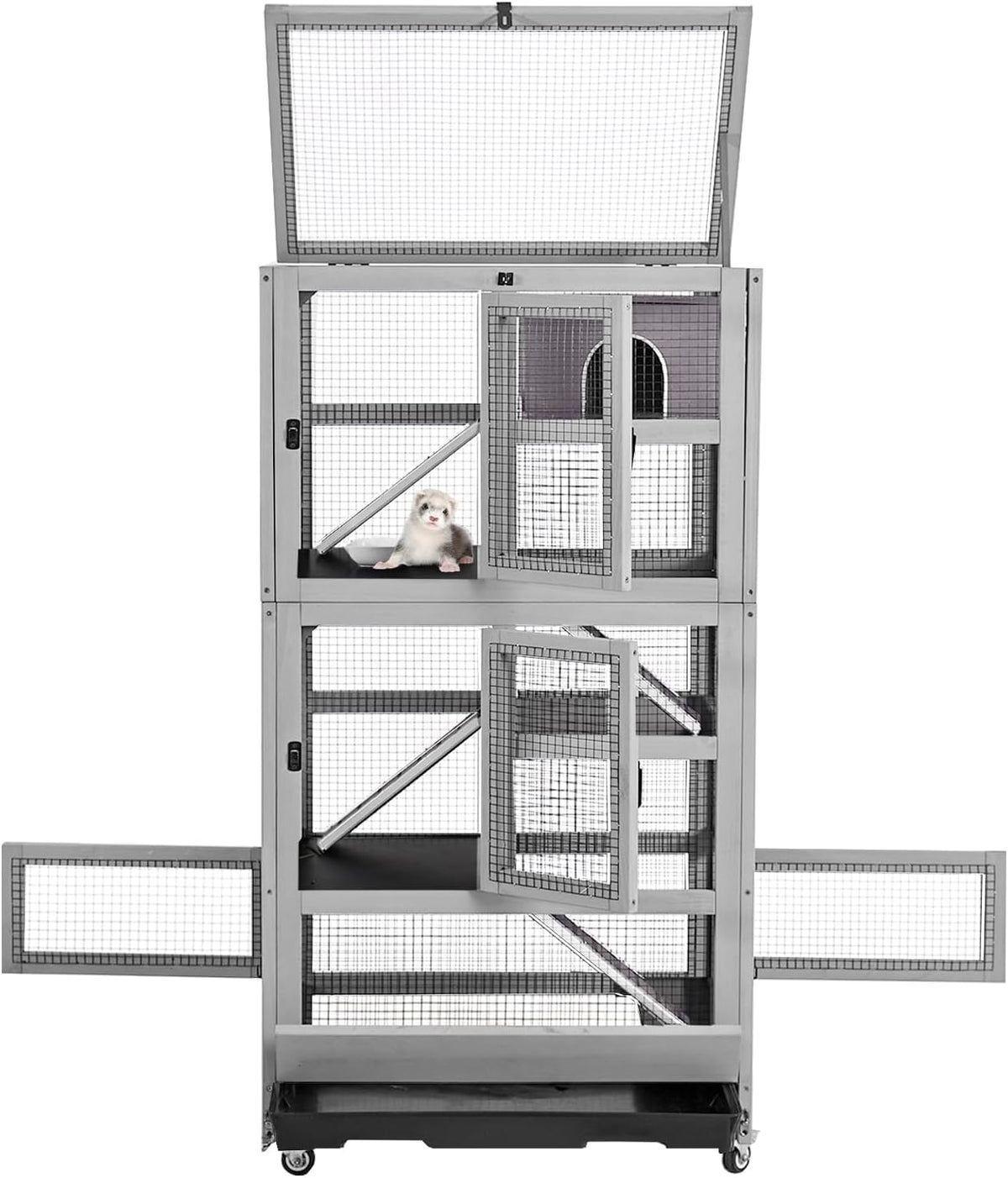Large Ferret Cage, Chinchilla Cage with 5 Levels, Wooden Guinea Pig Cages with Wheels, Small Animal Cages with Ramp, Hideout, Pull Out Tray, for Rat, Hamster, Hedgehog