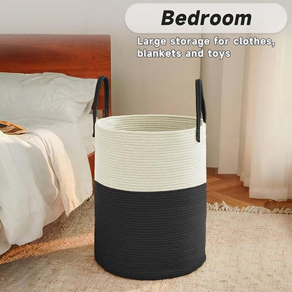 Large Woven Laundry Basket Hamper,100L Cotton Rope Storage Bin for Blankets,Toys and Clothes,Decorative Tall Nursery Hamper for Living Room,Baby Nursery,Bathroom and Bedroom,White and Black