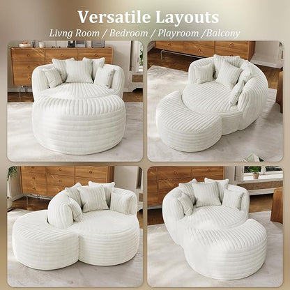 50" W Oversized Round Chaise Lounge Chair with Ottoman Indoor Boneless Plush Fluffy Corduroy Circle Couch Soft Comfy Cozy Cloud Reading Chair for Living Room, Playroom, Bedroom - Beige White