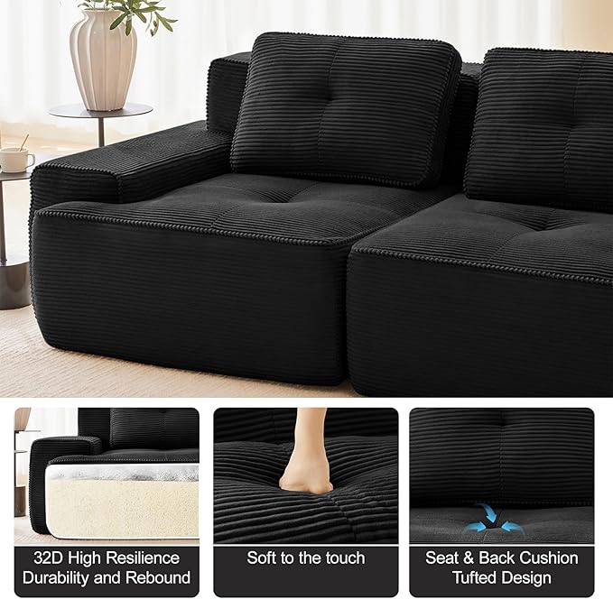 150" Modern Compressed Boneless Couch with Ottoman, 4 Seater Large U Shaped Sectional Couches for Living Room, Black Corduroy Cloud Modular Sectional Sofa, Memory Foam, Extra Deep, No Assembly
