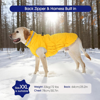 FUAMEY Dog Coat for Large Dogs,Waterproof Dog Winter Jacket with Harness Built in Puppy Cold Weather Coats Reflective Pet Vest with Zipper Warm Fleece Dogs Snowsuit Windproof Yellow XL