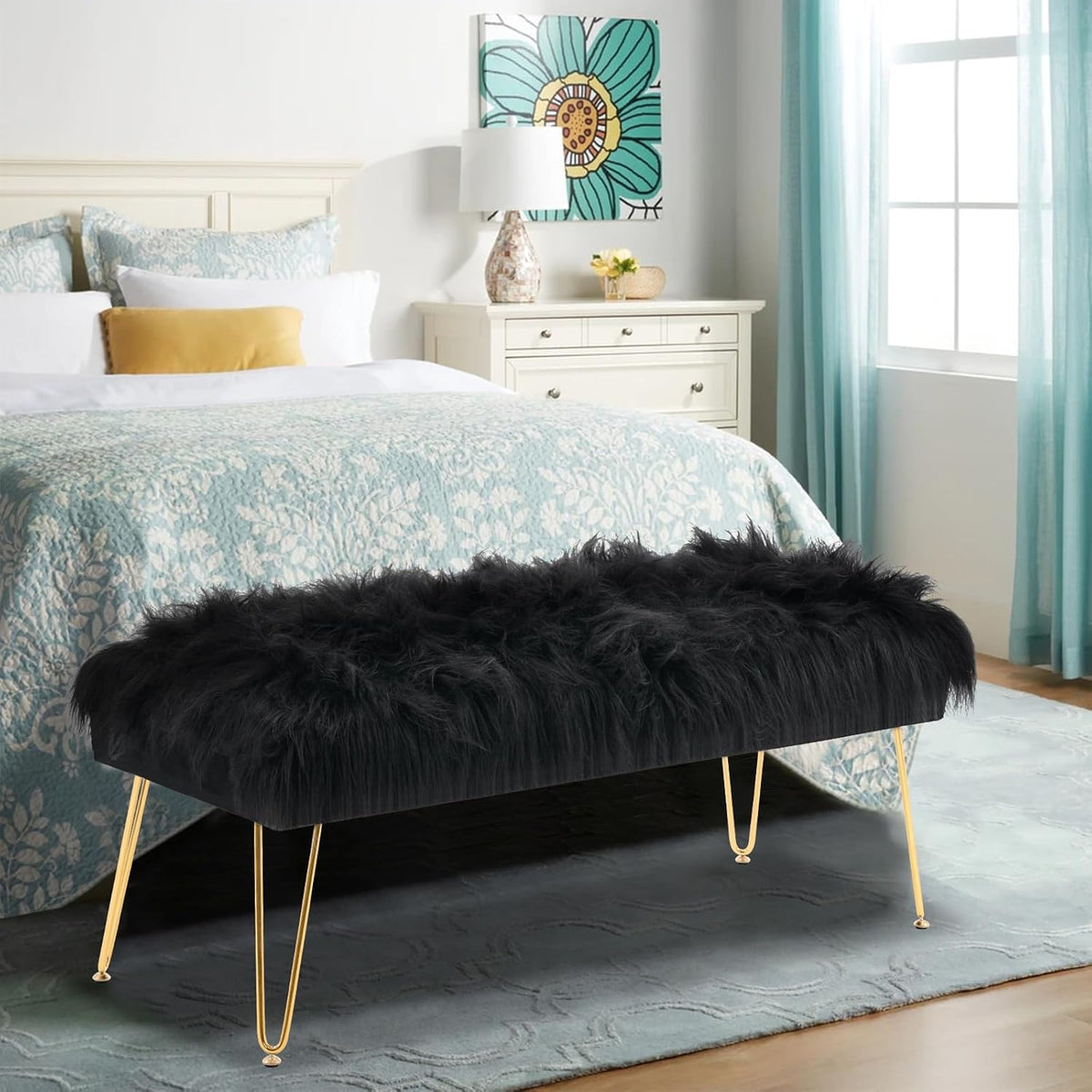 42.5 Inch Black Bedroom Bench, Benches for Bedroom White Faux Fur Upholstered Bed end Bench, Tufting Ottoman Bench Indoor Bench with Metal Legs for Living Room Bedroom Entryway, Black