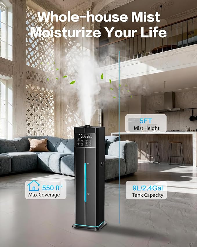 Cool Mist Humidifiers for Large Room, Ultrasonic 2.4Gal 9L Quiet Top-Fill