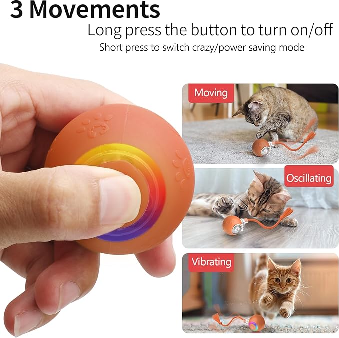 Interactive Cat Toys, Automatic Moving Cat Toys for Bored Indoor Adult Cats, Fast Rolling, Chirping & Motion-Activated Kitty Toys, Fun Gift for Cats with Speedy Tail 2.0, USB Rechargeable, Orange