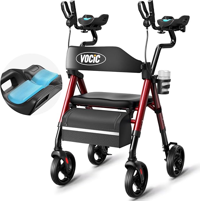 VOCIC Walkers for Seniors, Upright Walker with Adjustable Armrests, Z22 GelCool Stand Up Walker with Ergo Seat & Backrest, 8" All Terrain Rollator with 300lb,Cup& Cane Holder
