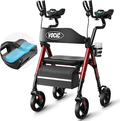 VOCIC Walkers for Seniors, Upright Walker with Adjustable Armrests, Z22 GelCool Stand Up Walker with Ergo Seat & Backrest, 8" All Terrain Rollator with 300lb,Cup& Cane Holder