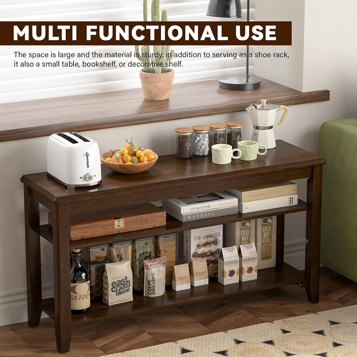 Shoe Bench Storage Rubberwood, Entryway Bench with 3-Tiers Height Adjustable, Shoe Rack Front Door Entrance Organizer for Hallway Living Room, Mudrooms, Walnut,39.4"