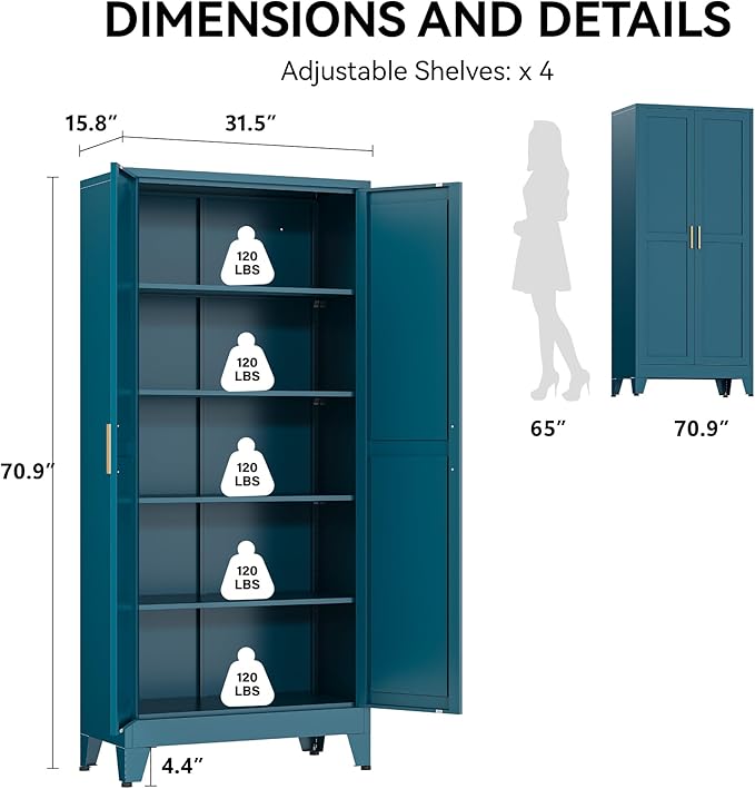 COFaR 71" Pantry Cabinet in Peacock Blue, 5-Tier Storage