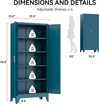 COFaR 71" Pantry Cabinet in Peacock Blue, 5-Tier Storage