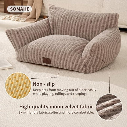 Cozy Couch for Cats Fluffy Pet Sofa with Premium Soft Fleece Fuzzy Cat Beds for Indoor Cat with Removable Washable Cover Supportive Pet Bed 24×18inch Beige