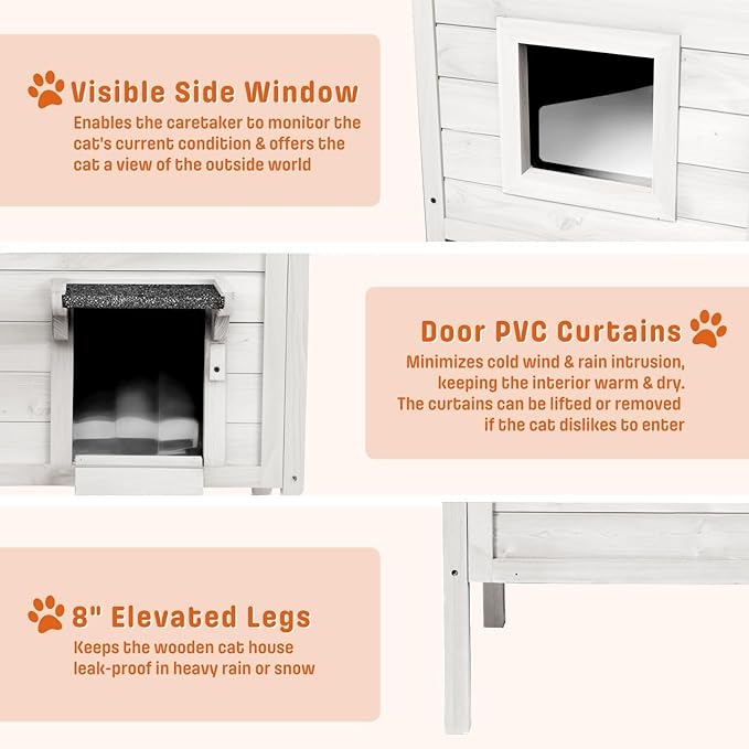 BRIOPAWS Outdoor-Cat-House-Insulated | Feral-Cat-Shelter for Winter | Weatherproof | Large Wooden Pet House for Multiple Cats | Foldable Ladder | Acrylic Side Window | White