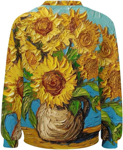 Long Sleeve Shirts for Women Cat Oil Painting Shirt 3D Graphic Sweatshirts Fall Pullover Crewneck Vintage Boho Tops