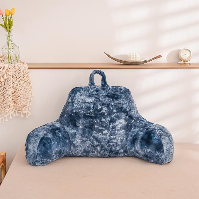 A Nice Night Faux Fur Reading Pillow Bed Wedge Large Adult Children Backrest with Arms Back Support for Sitting Up in Bed/Couch for Bedrest,Tie Dyed Navy