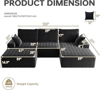 108" U Shaped Sectional Couch with Ottoman, Corduroy Modular Sectional Sofa with Deep Seat, Modern Modular L-Shape Sofa Couch with Chaise,Upholstered Boneless Couches for Living Room Bedroom