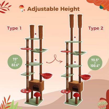 PEQULTI Mushroom Cat Tree Floor to Ceiling Cat Tower Adjustable Height (90.5''-100.4'' = 230cm-252cm) with Cat Condo, Cozy Hammock and Scratching Post, Tall Activity Tree for Indoor Cats, Brown