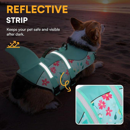 Dog Life Jacket, Dog Life Vest for Swimming, High Buoyancy Shark Swimming Safety Vest for Large Dogs, Reflective Pet Lifesaver Preserver with Rescue Handle, Blue Flower XL